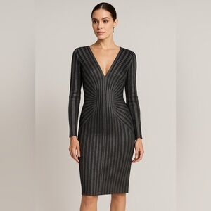 Tadashi Shoji Stunning Black Metallic Striped Bodycon Long Sleeve V-Neck Dress